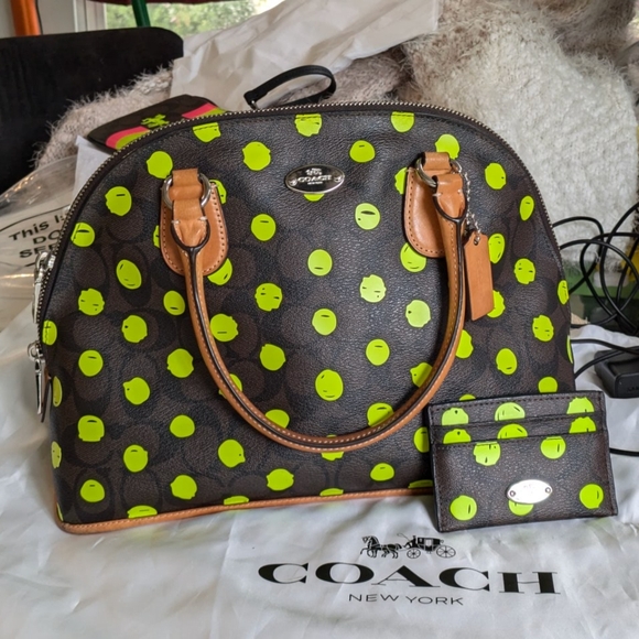 COACH Brown Leather Logo Polka Dot Card Cas Small Mo Wallet EUC - Picture 3 of 3
